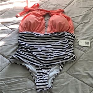 NWT Coral and Black and White Striped Bathing Suit